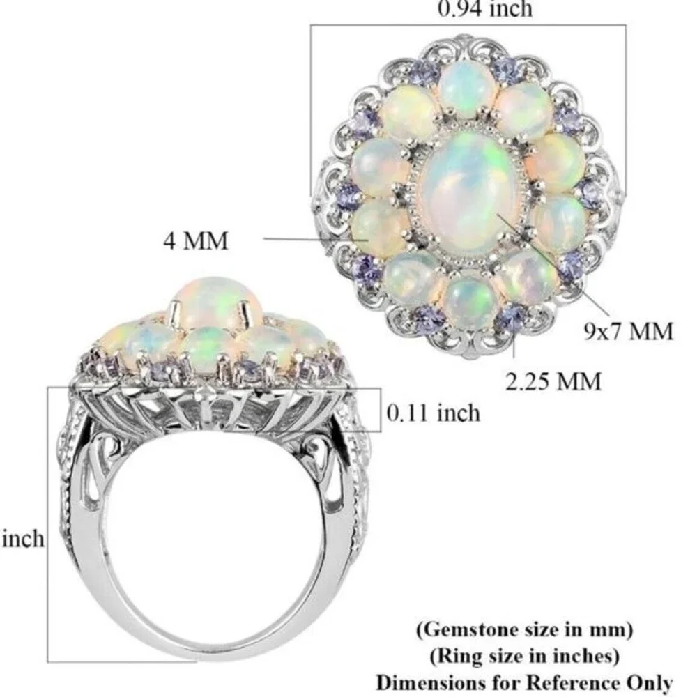 Snow-in-summer Floral Cluster Opal & Tanzanite Sterling Silver Ring